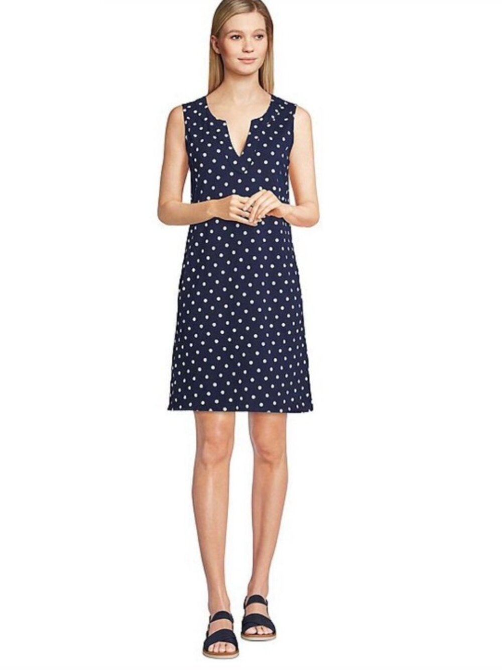 2/$30 Lands' End Polkadot Splitneck Cover-up Dress Dress Deep Sea Blue #A4799